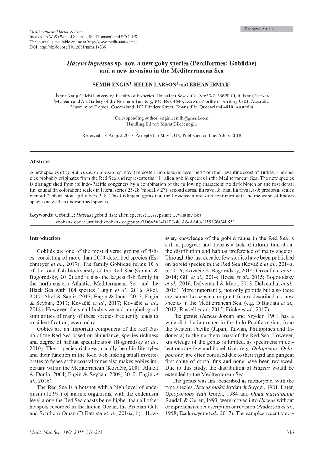 Hazeus Ingressus Sp. Nov. a New Goby Species (Perciformes: Gobiidae) and a New Invasion in the Mediterranean Sea