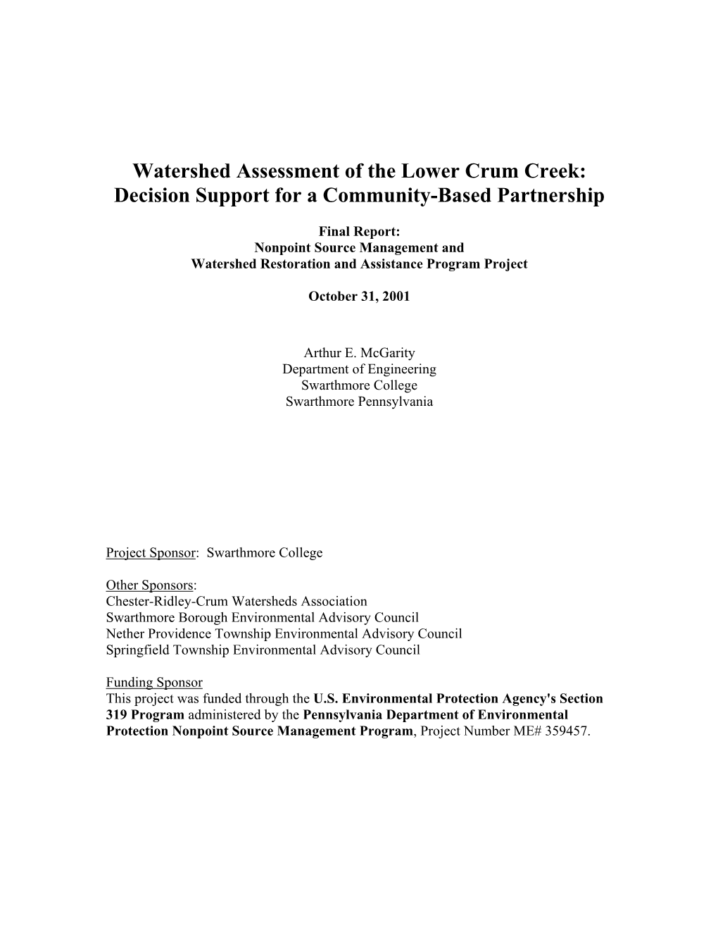 Watershed Assessment of the Lower Crum Creek: Decision Support for a Community-Based Partnership