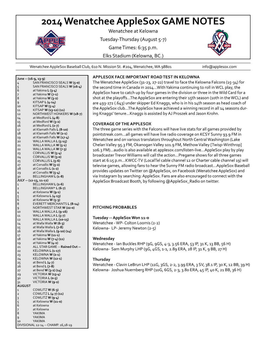 2014 Wenatchee Applesox GAME NOTES Wenatchee at Kelowna Tuesday-Thursday (August 5-7) Game Times: 6:35 P.M