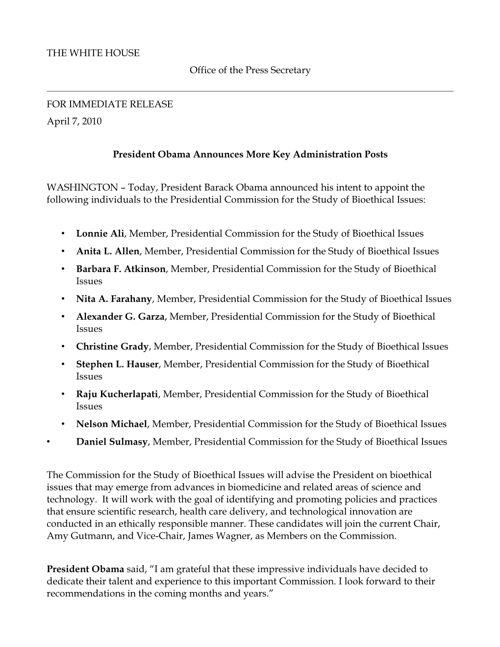 White House Announcement on New Commission Members