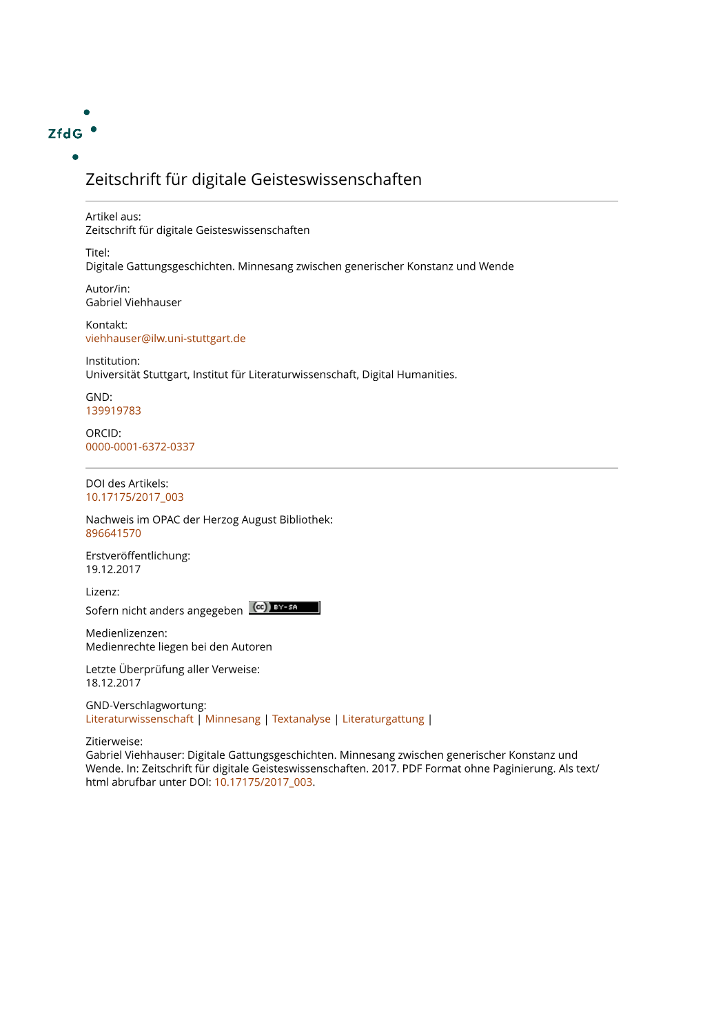 Zeitschrift Für Digitale Geisteswissenschaften