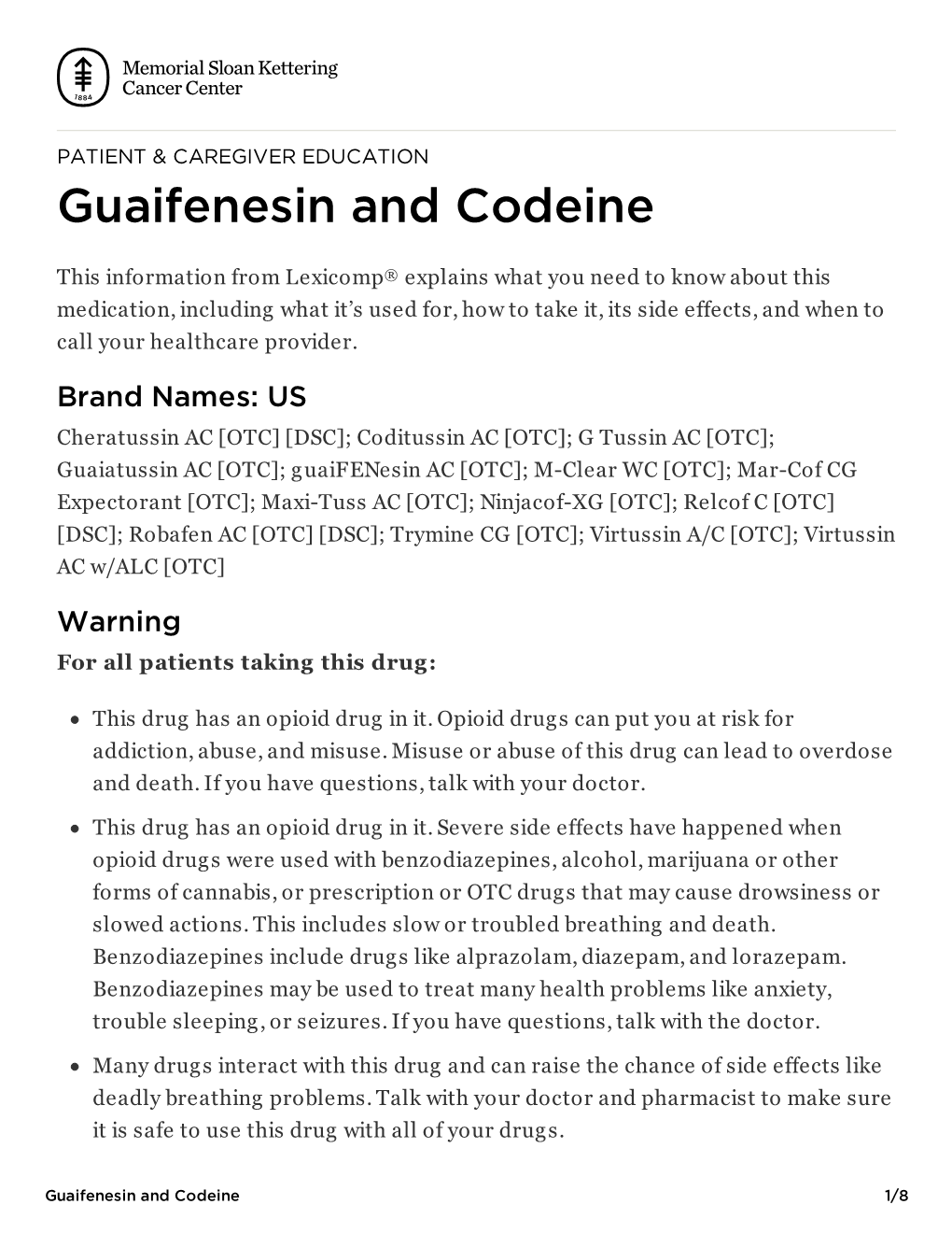 Guaifenesin and Codeine | Memorial Sloan Kettering Cancer Center