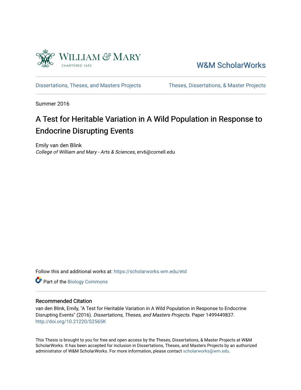 A Test for Heritable Variation in a Wild Population in Response to Endocrine Disrupting Events