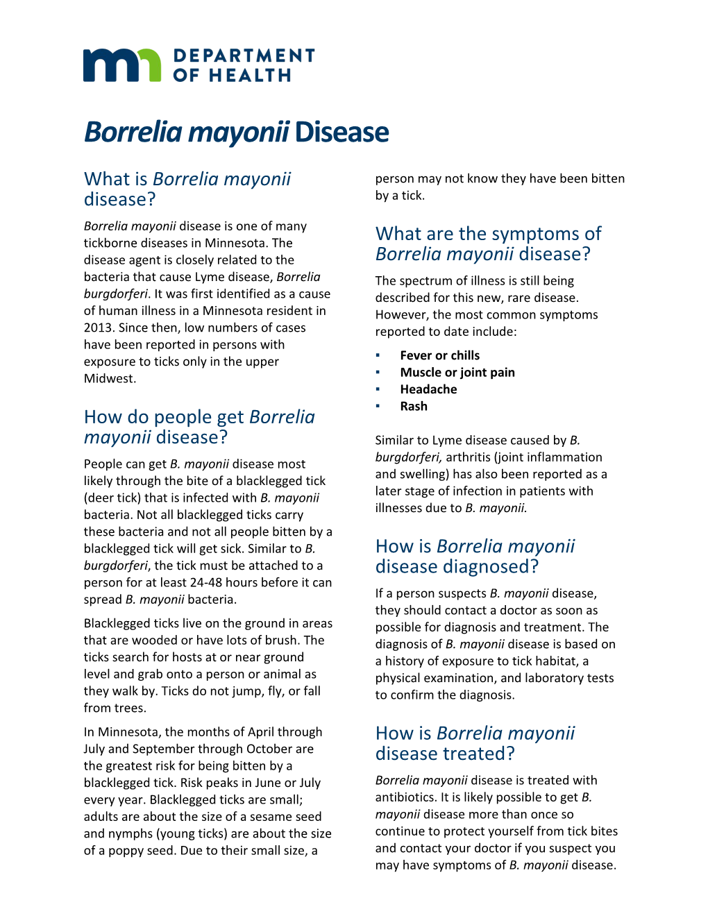 Borrelia Mayonii Fact Sheet