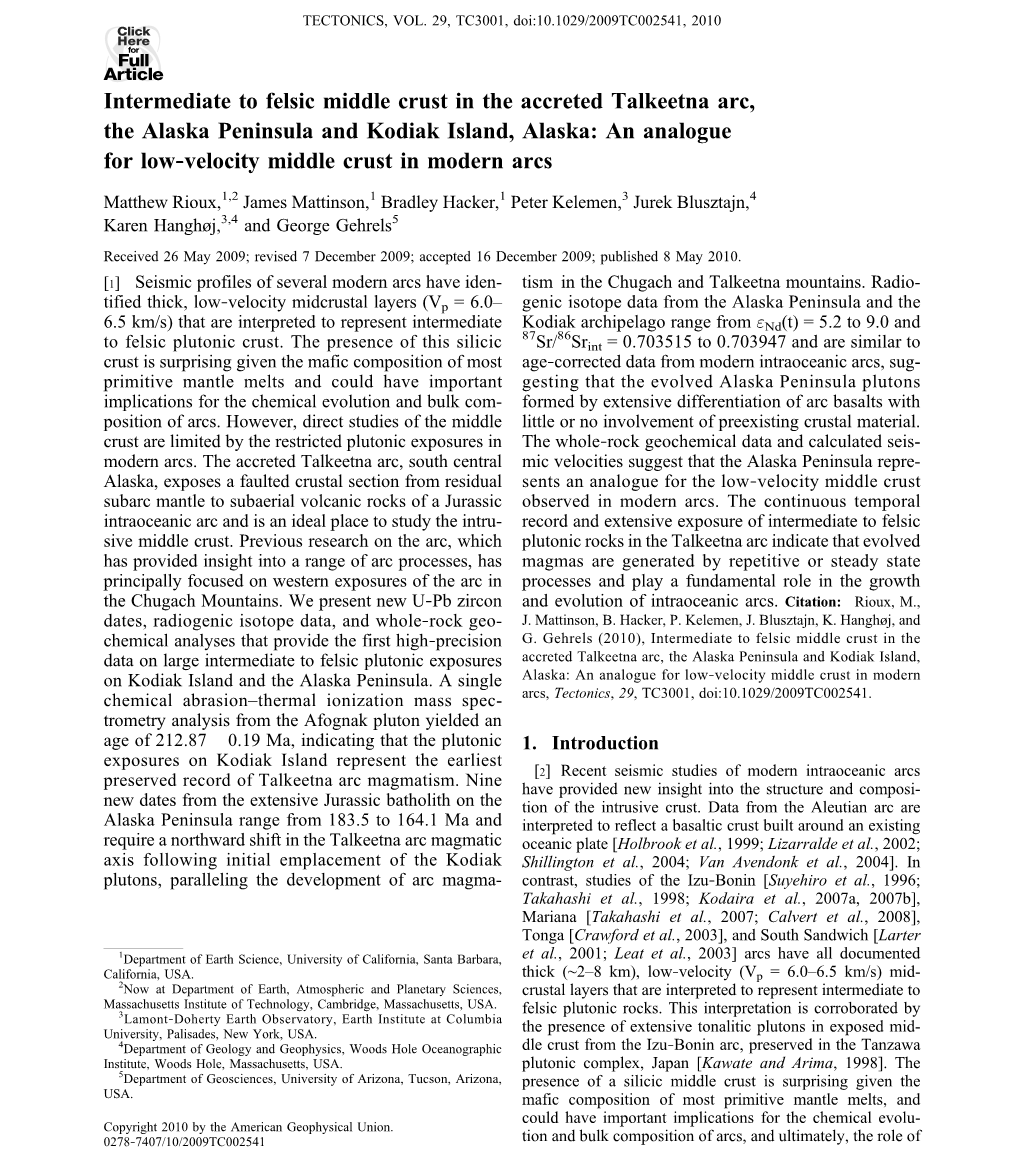 Intermediate to Felsic Middle Crust in the Accreted Talkeetna Arc, the Alaska Peninsula and Kodiak Island, Alaska