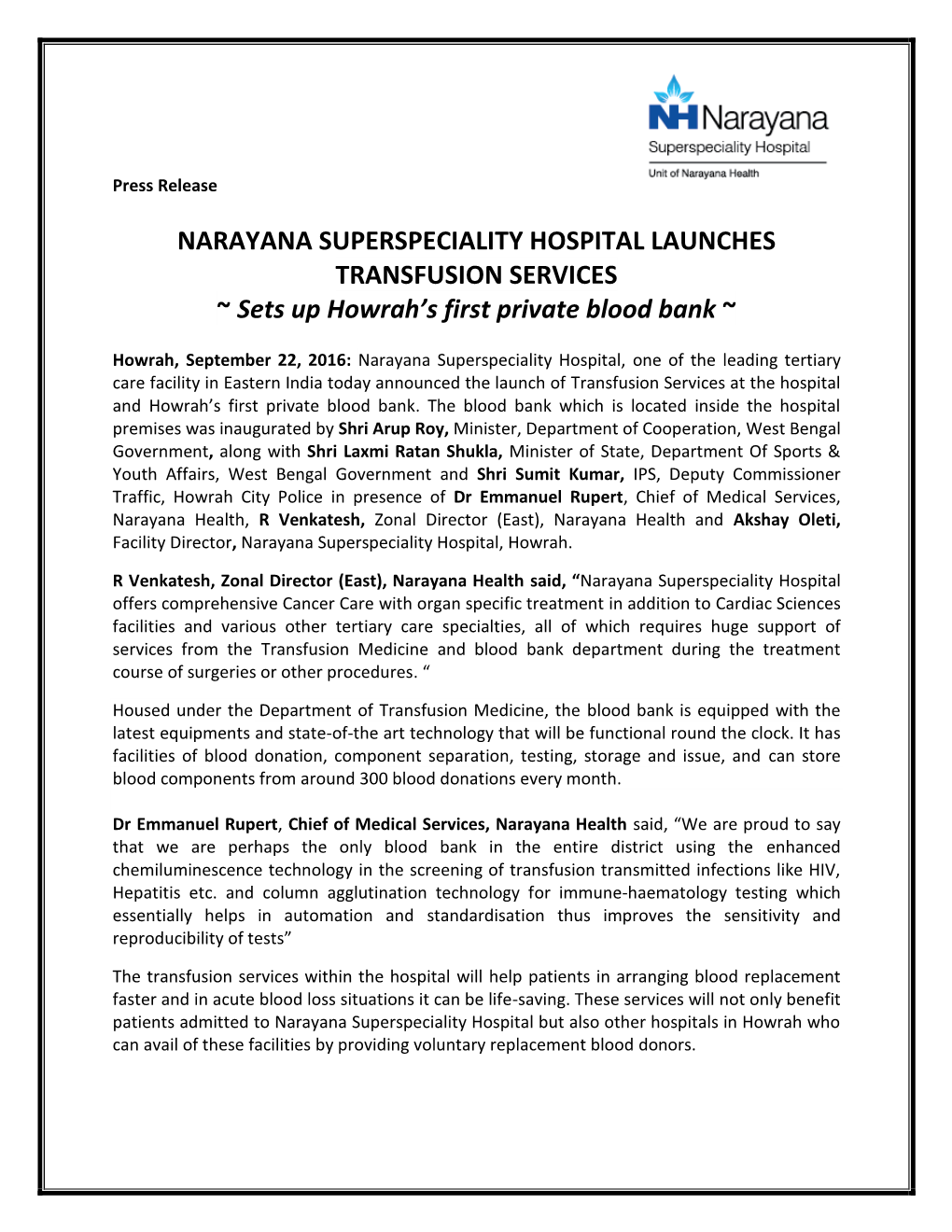 NARAYANA SUPERSPECIALITY HOSPITAL LAUNCHES TRANSFUSION SERVICES ~ Sets up Howrah's First Private Blood Bank