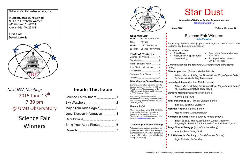 Star Dust If Undeliverable, Return to NCA C/O Elizabeth Warner Newsletter of National Capital Astronomers, Inc