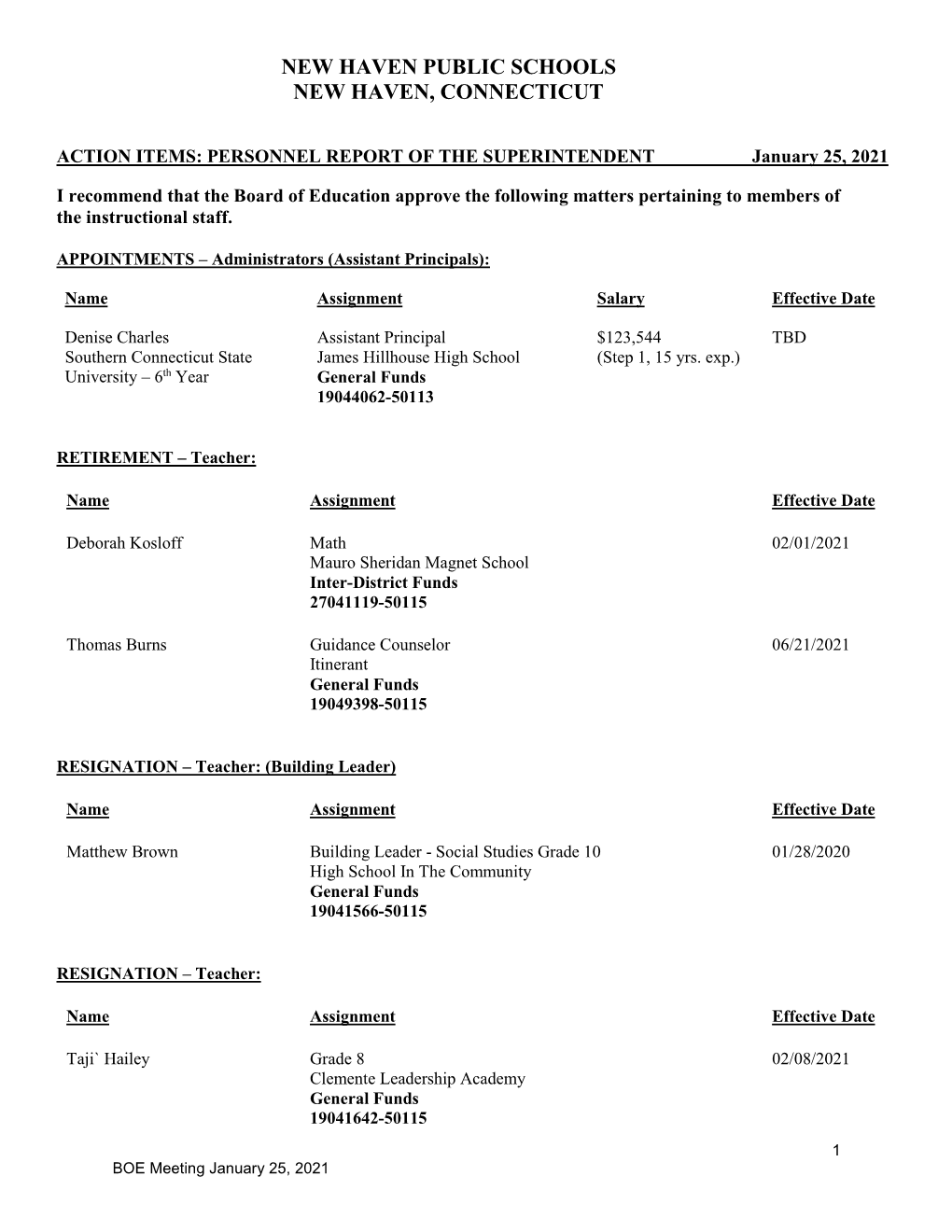 PERSONNEL REPORT of the SUPERINTENDENT January 25, 2021