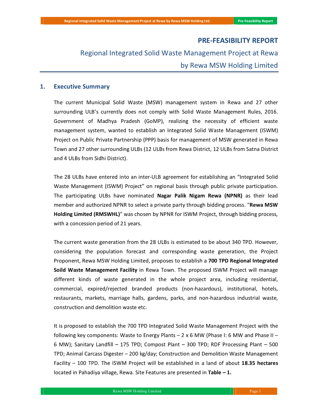 PRE-FEASIBILITY REPORT Regional Integrated Solid Waste Management Project at Rewa by Rewa MSW Holding Limited