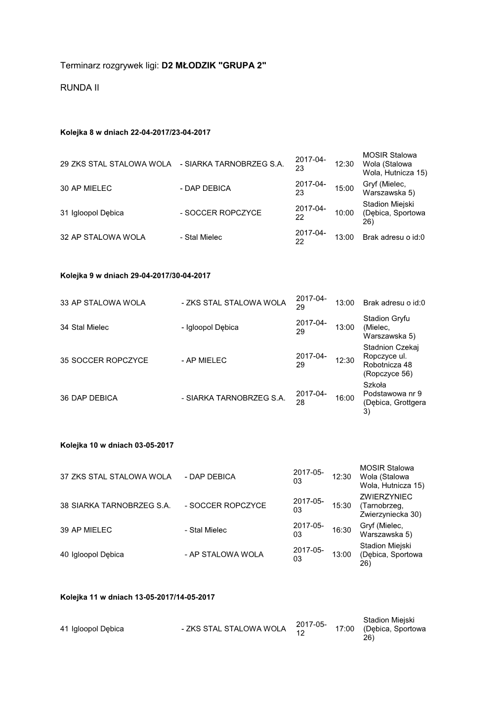 Terminarz Rozgrywek Ligi:D2 MŁODZIK "GRUPA 2"