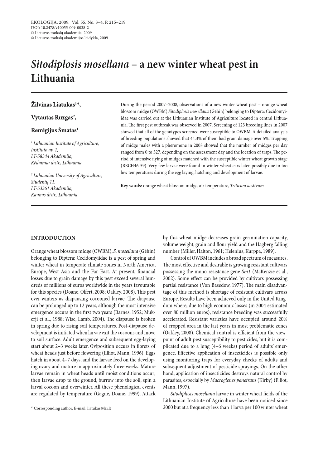 Sitodiplosis Mosellana – a New Winter Wheat Pest in Lithuania