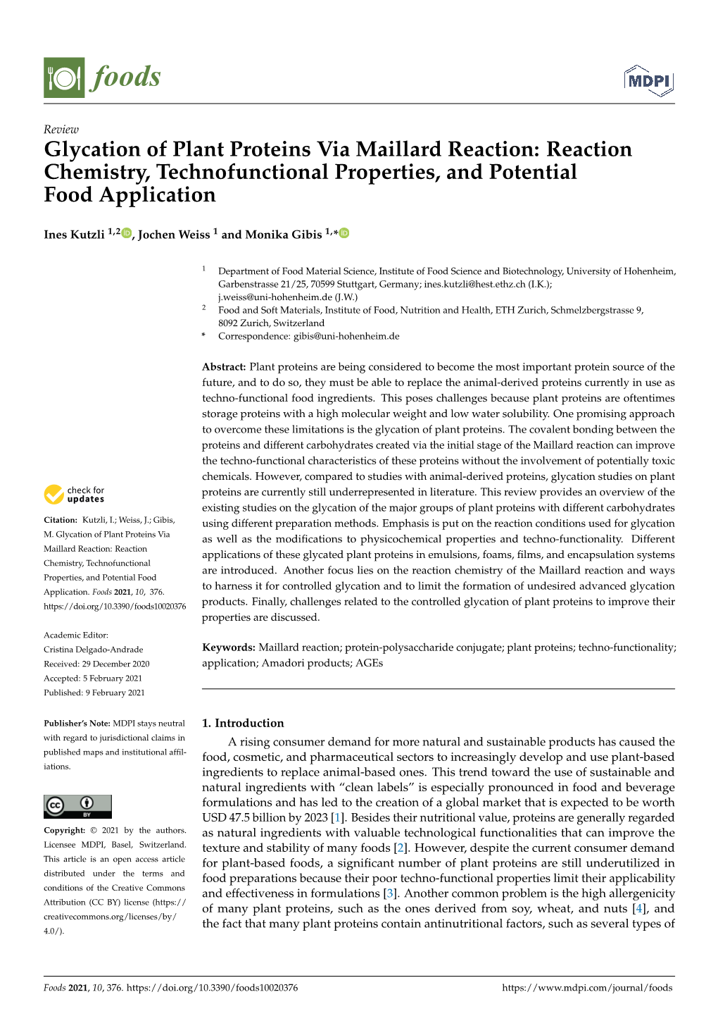 Glycation of Plant Proteins Via Maillard Reaction: Reaction Chemistry, Technofunctional Properties, and Potential Food Application