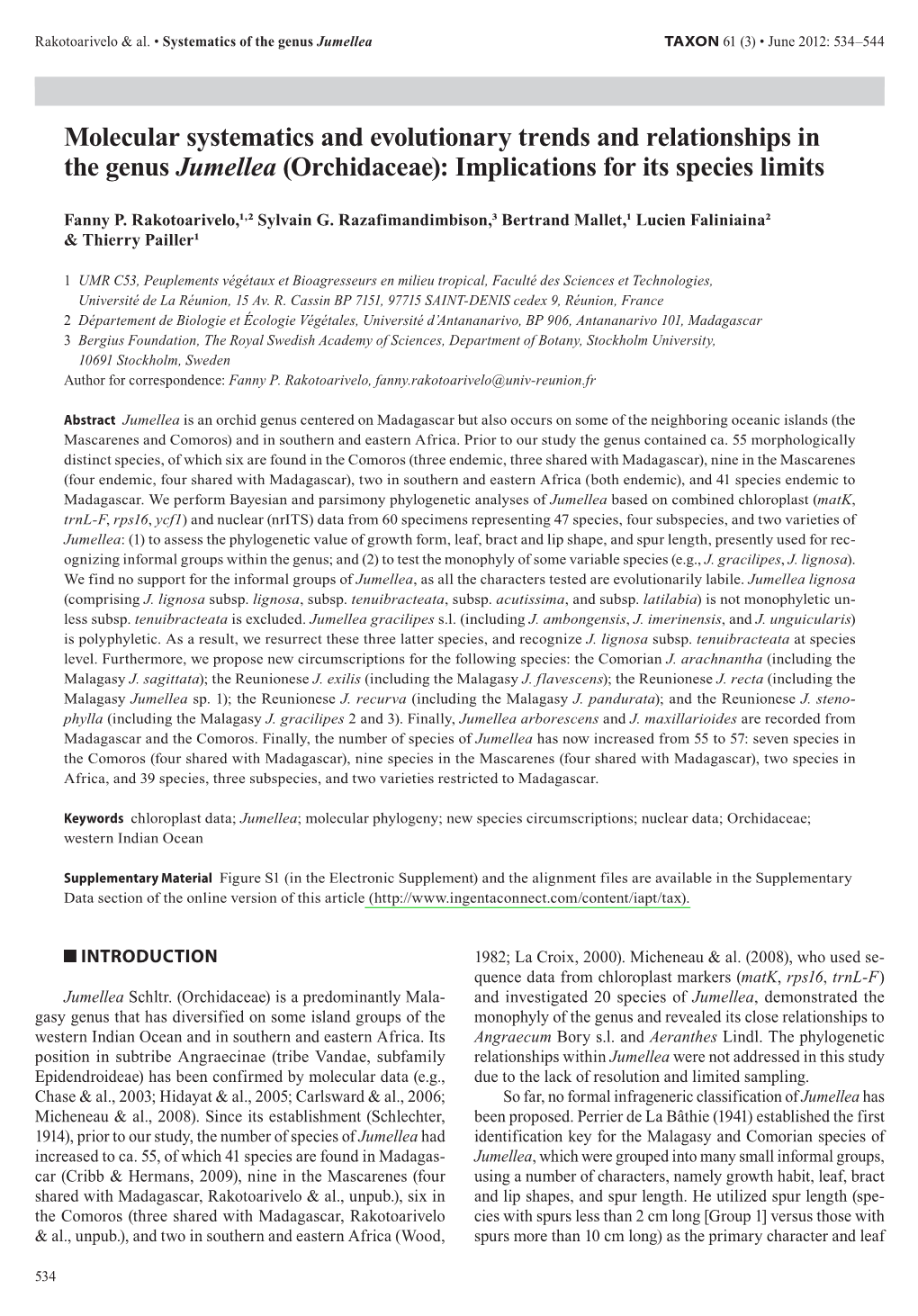 Molecular Systematics and Evolutionary Trends and Relationships in the Genus Jumellea (Orchidaceae): Implications for Its Species Limits