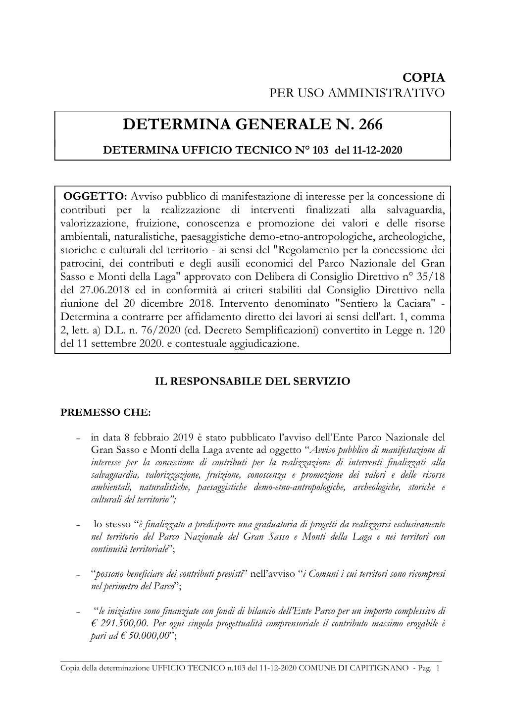 DETERMINA UFFICIO TECNICO N° 103 Del 11-12-2020