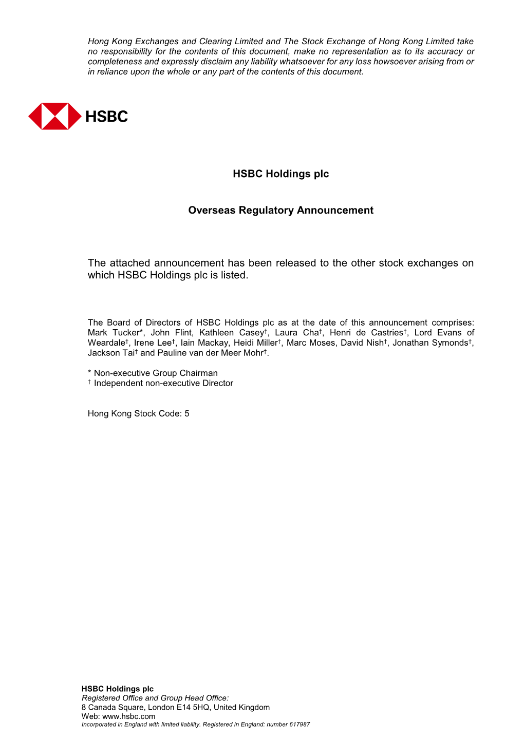 HSBC Holdings Plc Change in Capital Recognition of Selected Capital