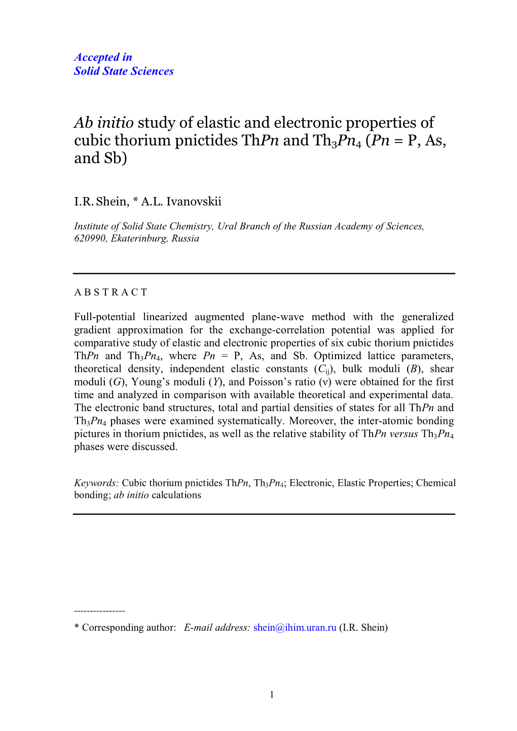 Ab Initio Study of Elastic and Electronic Properties of Cubic Thorium Pnictides Thpn and Th3pn4 (Pn = P, As, and Sb)