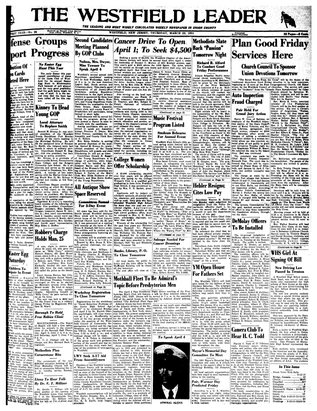 THE WESTFIELD LEADER the UADING and MOST WIDELY CIMCULATED WEEKLY NEWSPAPEK in UNION COUNTY Knurtd A* Second CUM Post Ol»C«