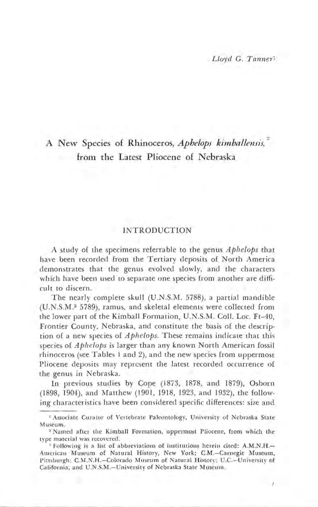 Anew Species of Rhinoceros, Aphelops Ki11lbal1e1'ljis, Z from the Latest Pliocene of Nebraska