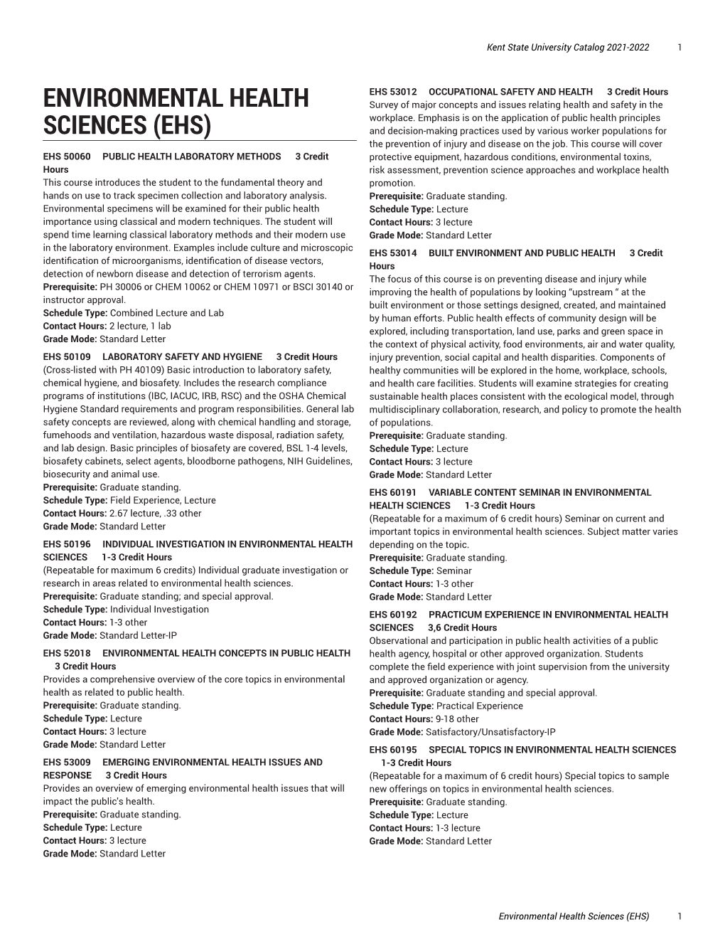 Environmental Health Sciences (EHS) 1 2 Kent State University Catalog 2020-2021