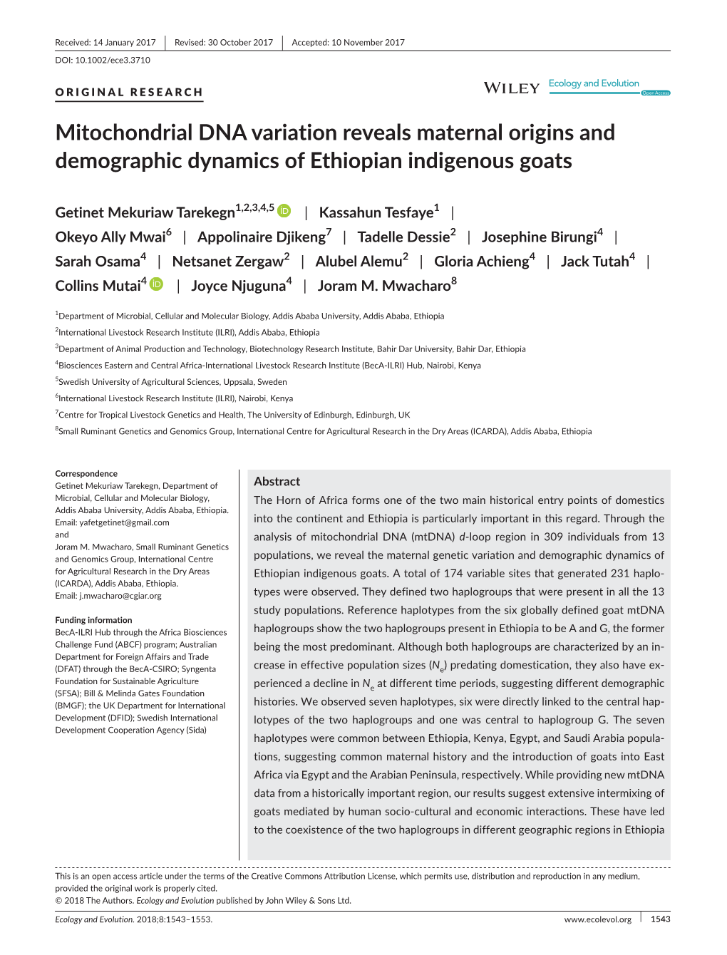 Mitochondrial DNA Variation Reveals Maternal Origins and Demographic Dynamics of Ethiopian Indigenous Goats