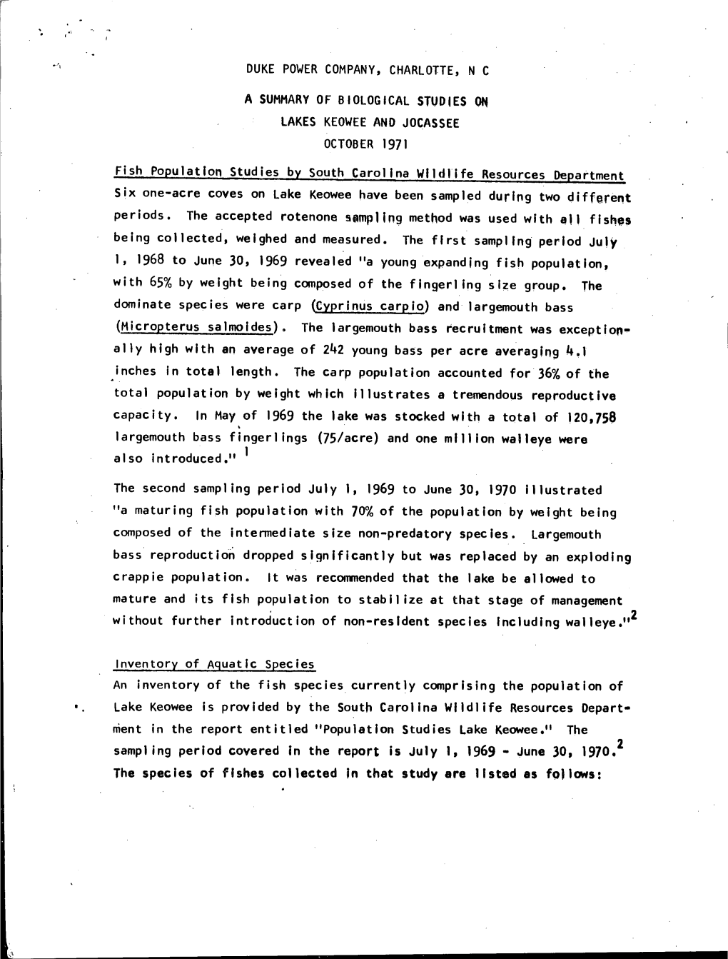 Summary of Biological Studies on Lakes Keowee and Jocassee