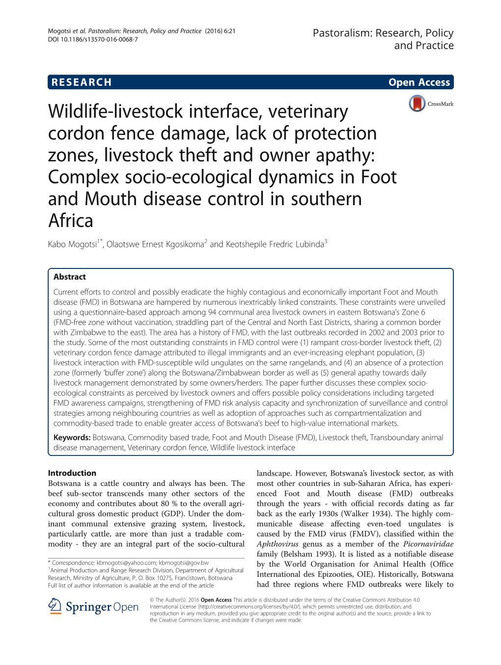 Wildlife-Livestock Interface, Veterinary Cordon Fence Damage