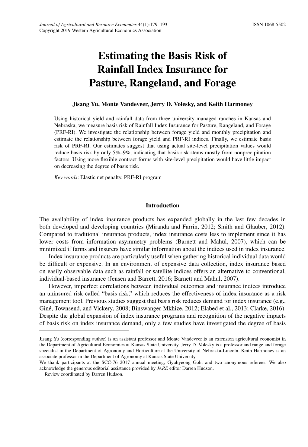 Estimating the Basis Risk of Rainfall Index Insurance for Pasture, Rangeland, and Forage