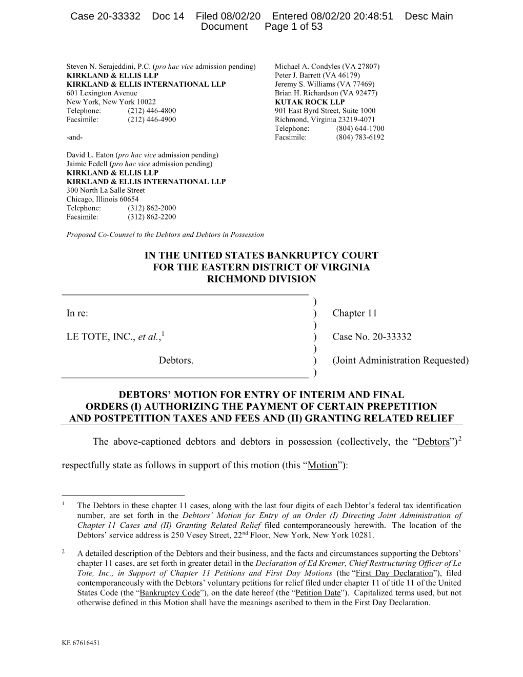 Case 20-33332 Doc 14 Filed 08/02/20 Entered 08/02/20 20:48:51 Desc Main Document Page 1 of 53