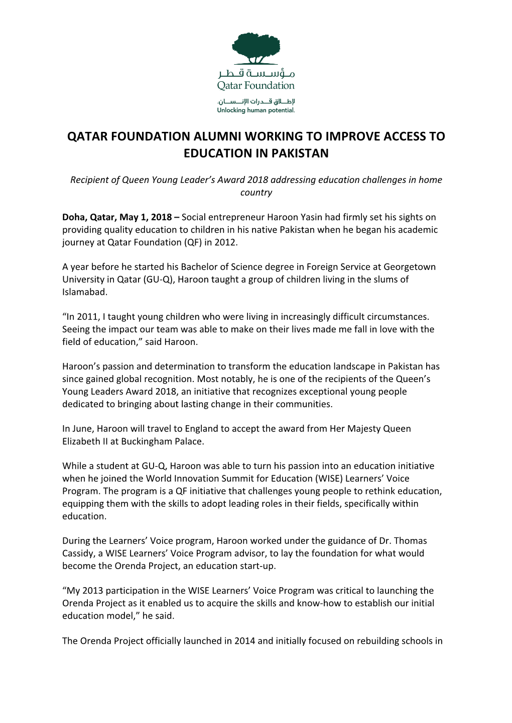 Qatar Foundation Alumni Working to Improve Access to Education in Pakistan