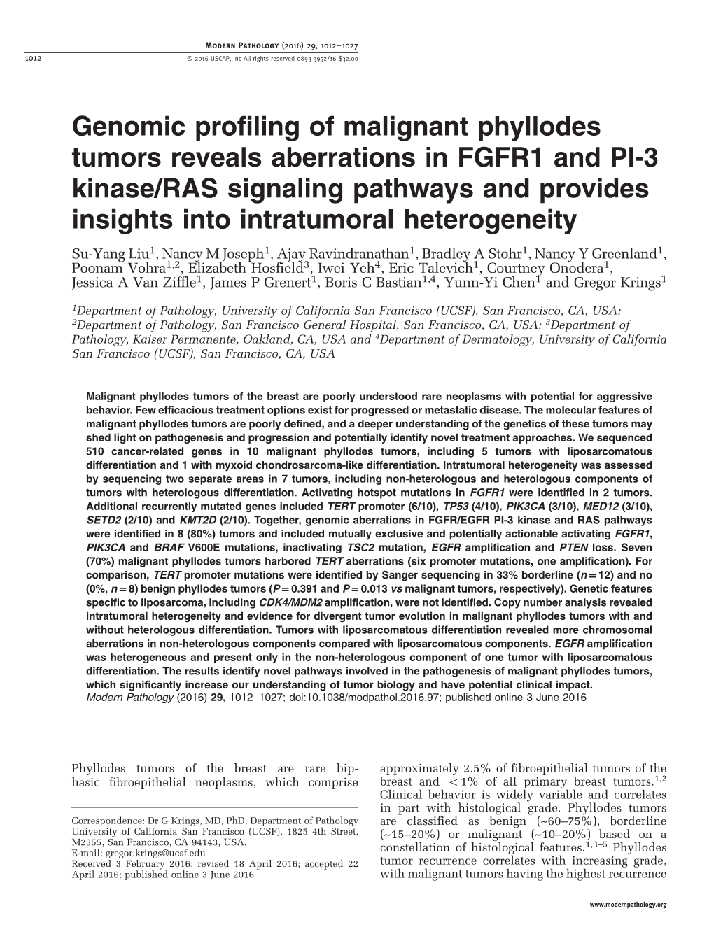 Genomic Profiling of Malignant Phyllodes Tumors Reveals