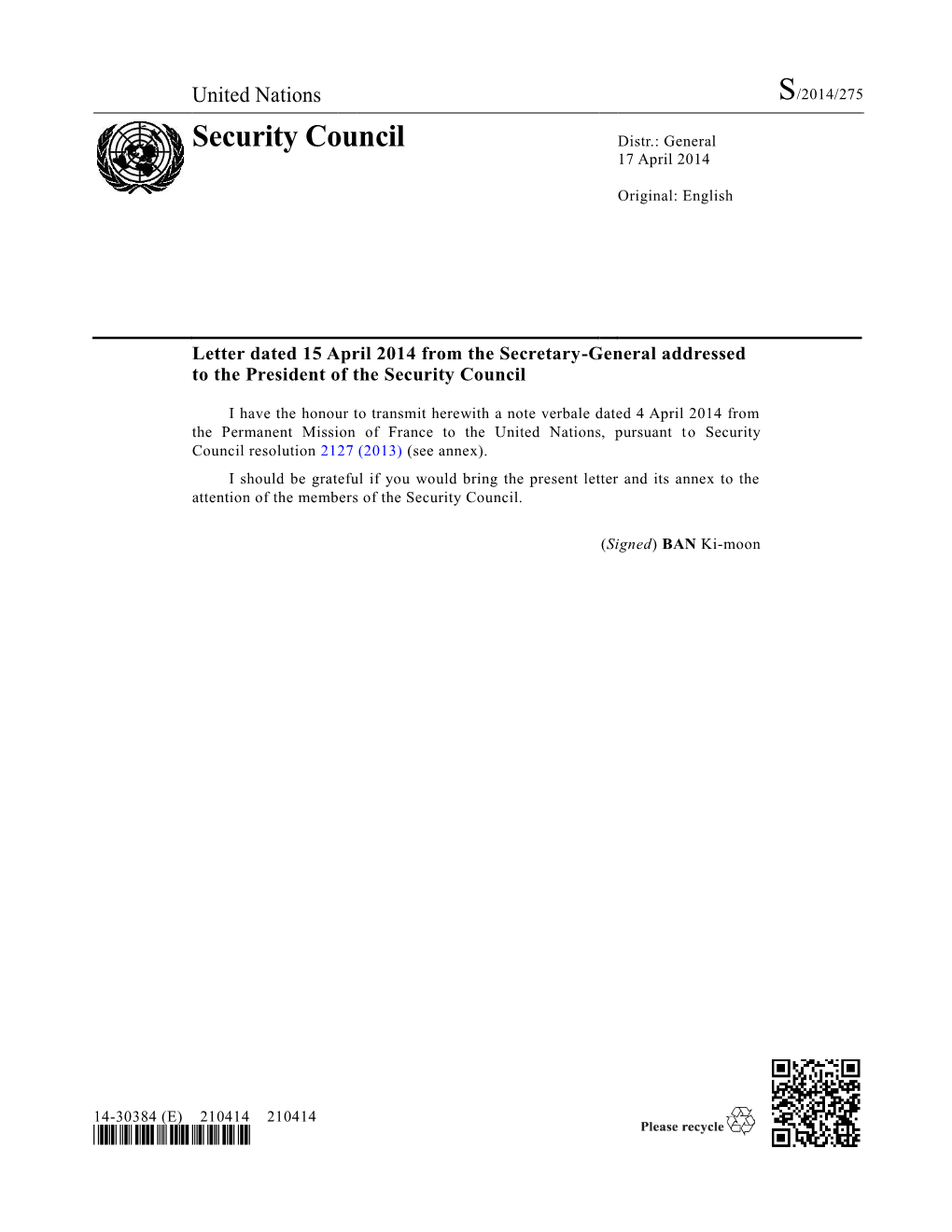 Security Council Distr.: General 17 April 2014