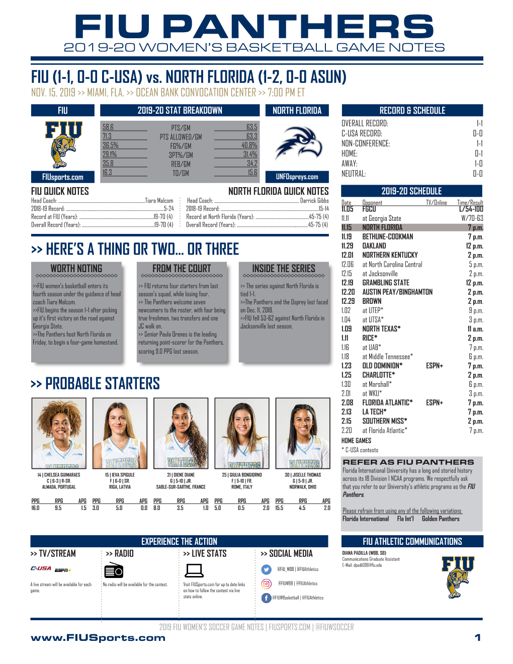 FIU PANTHERS 2019-20 WOMEN’S BASKETBALL GAME NOTES FIU (1-1, 0-0 C-USA) Vs