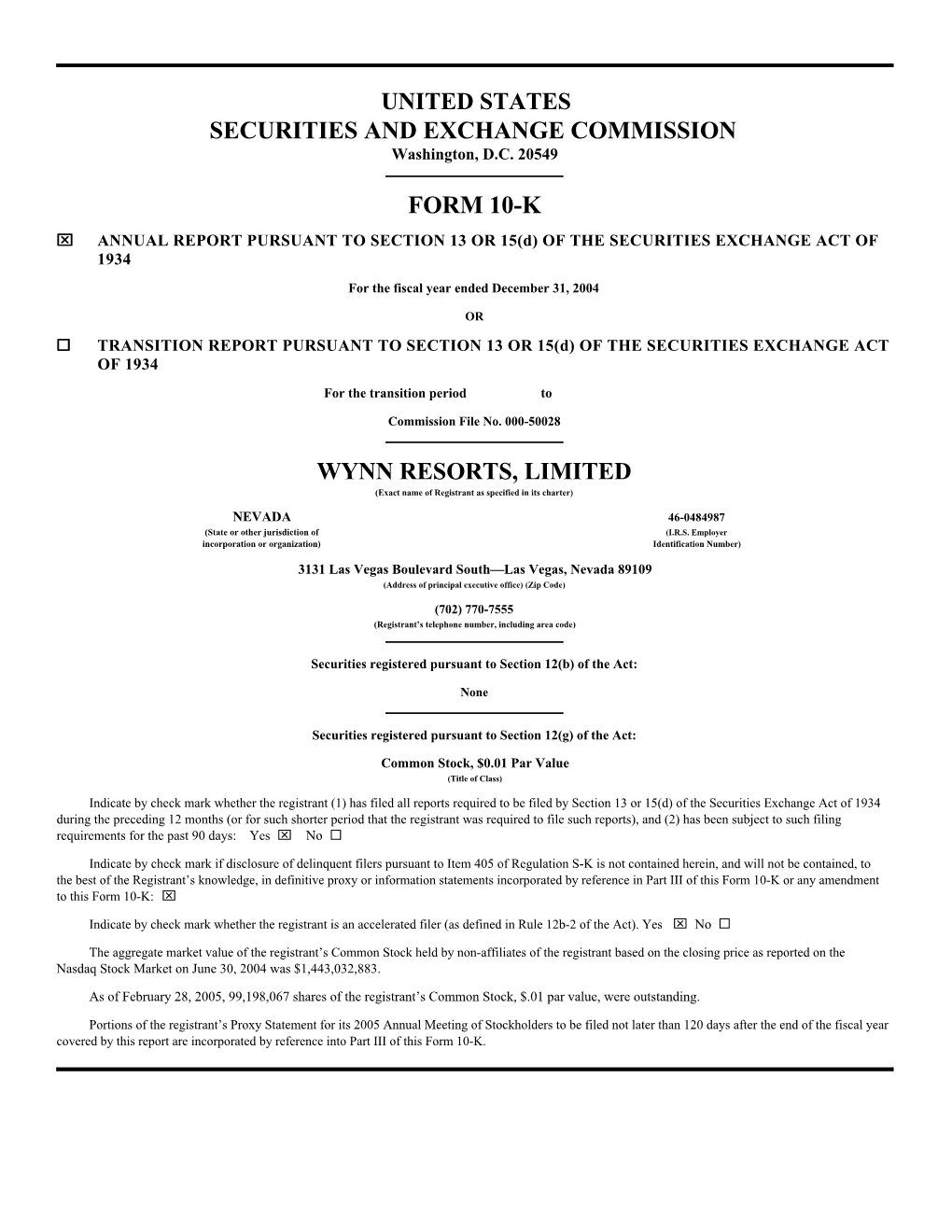 WYNN RESORTS, LIMITED (Exact Name of Registrant As Specified in Its Charter)