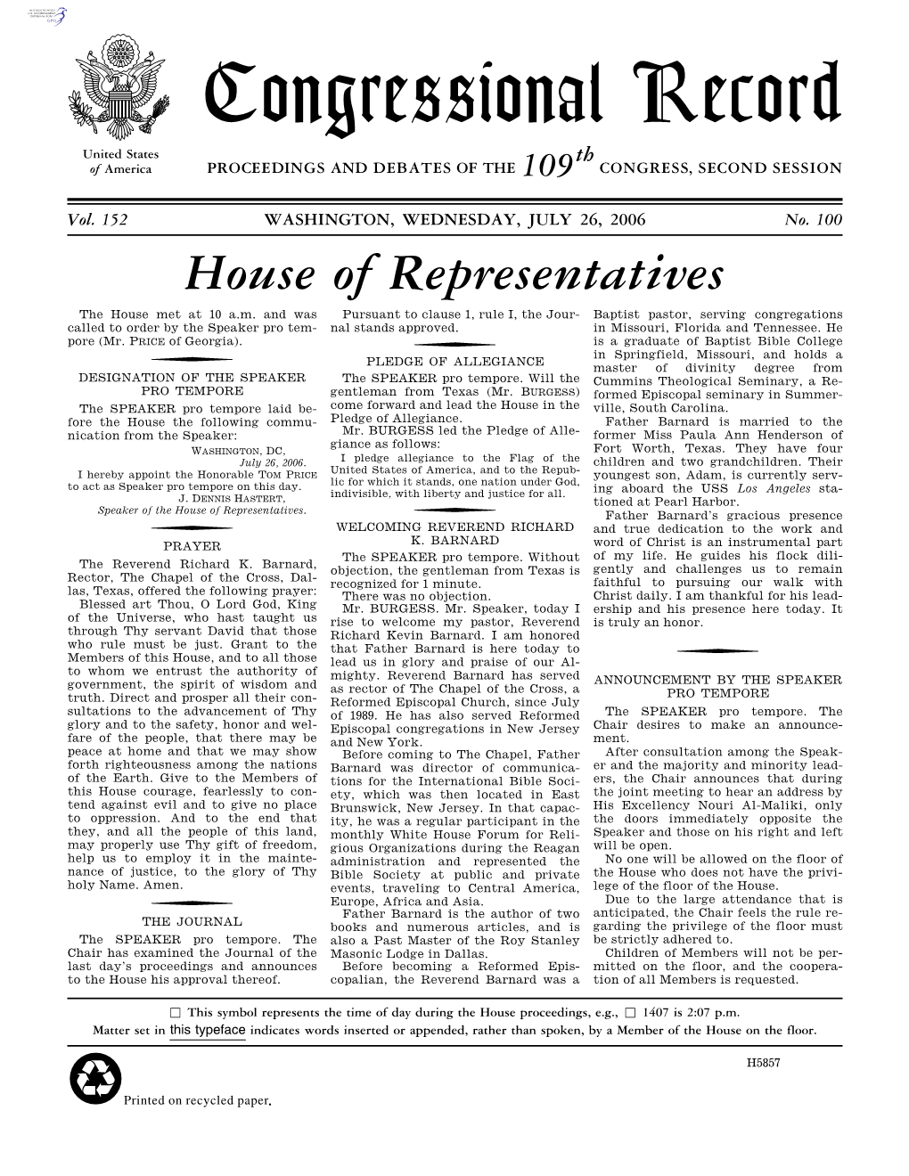 Congressional Record United States Th of America PROCEEDINGS and DEBATES of the 109 CONGRESS, SECOND SESSION