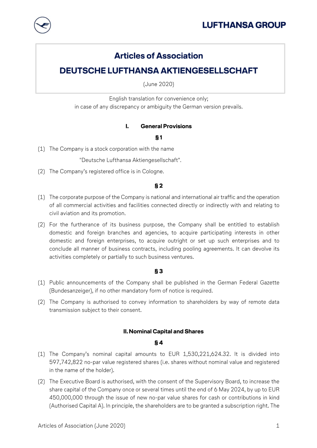 Articles of Association DEUTSCHE LUFTHANSA AKTIENGESELLSCHAFT