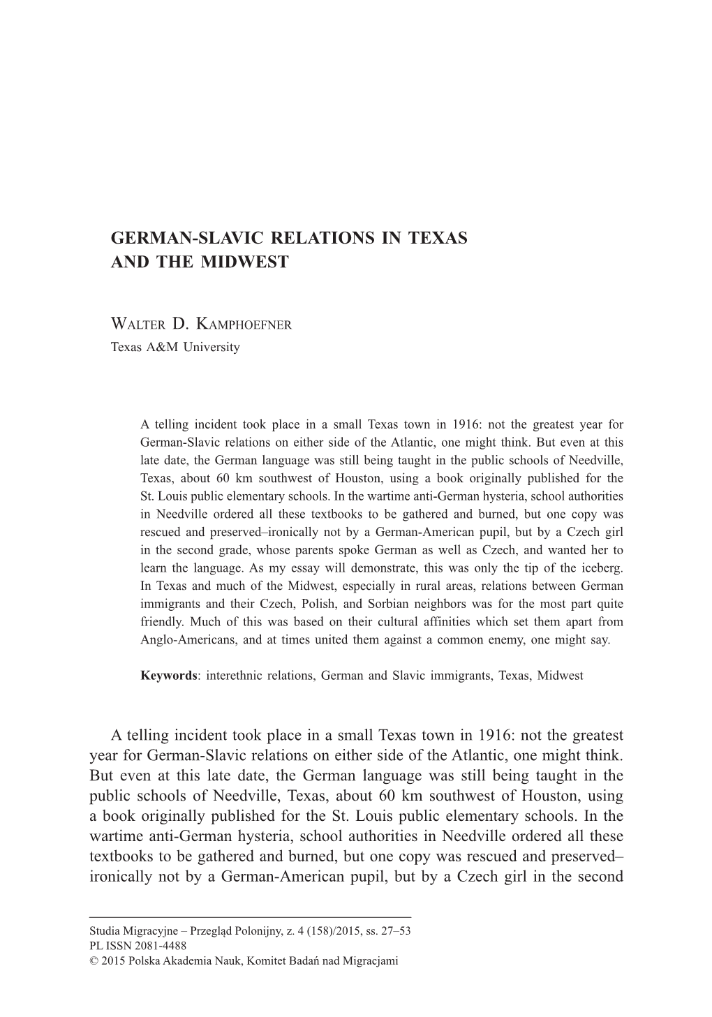 German-Slavic Relations in Texas and the Midwest