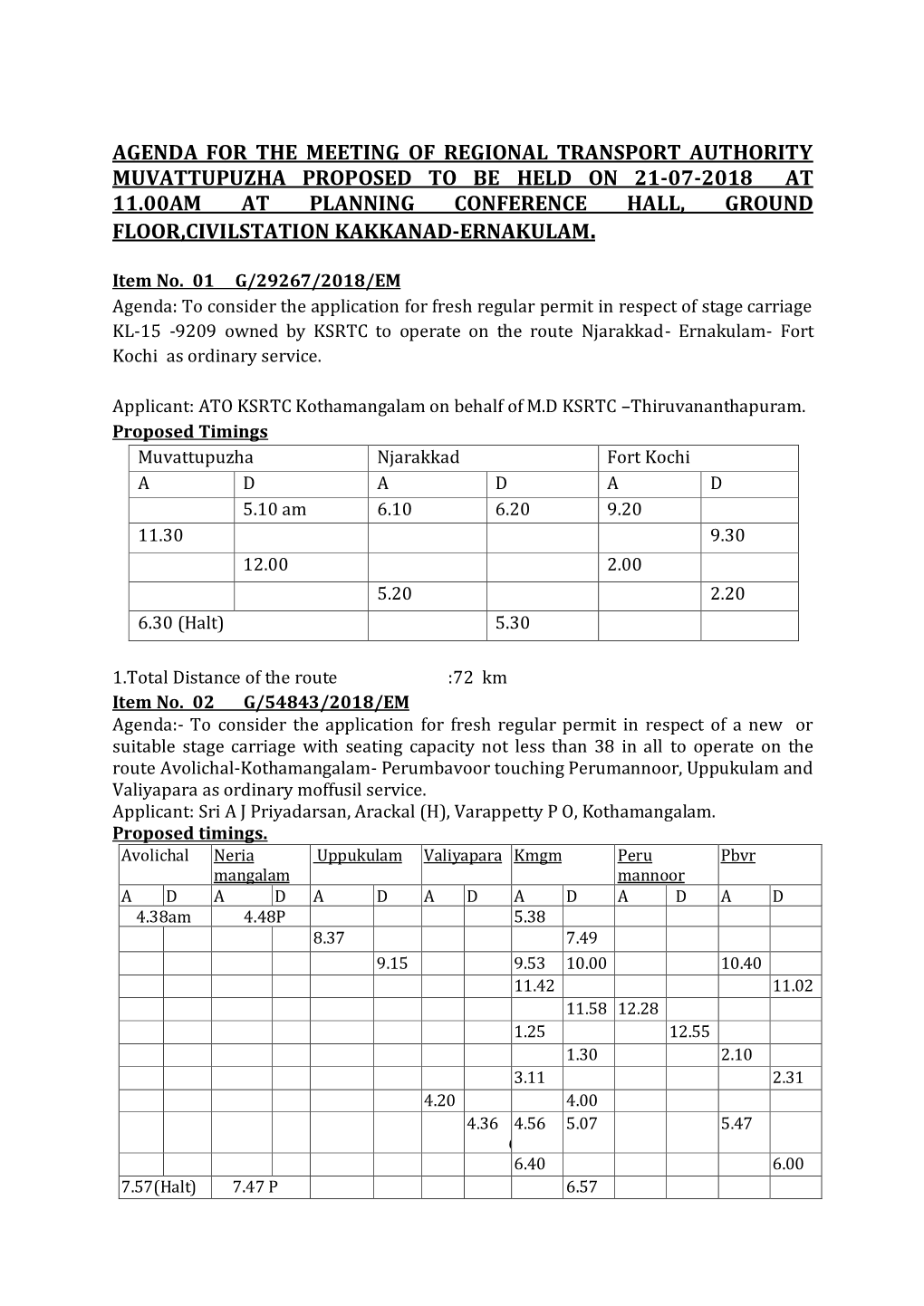 Agenda for the Meeting of Regional Transport Authority