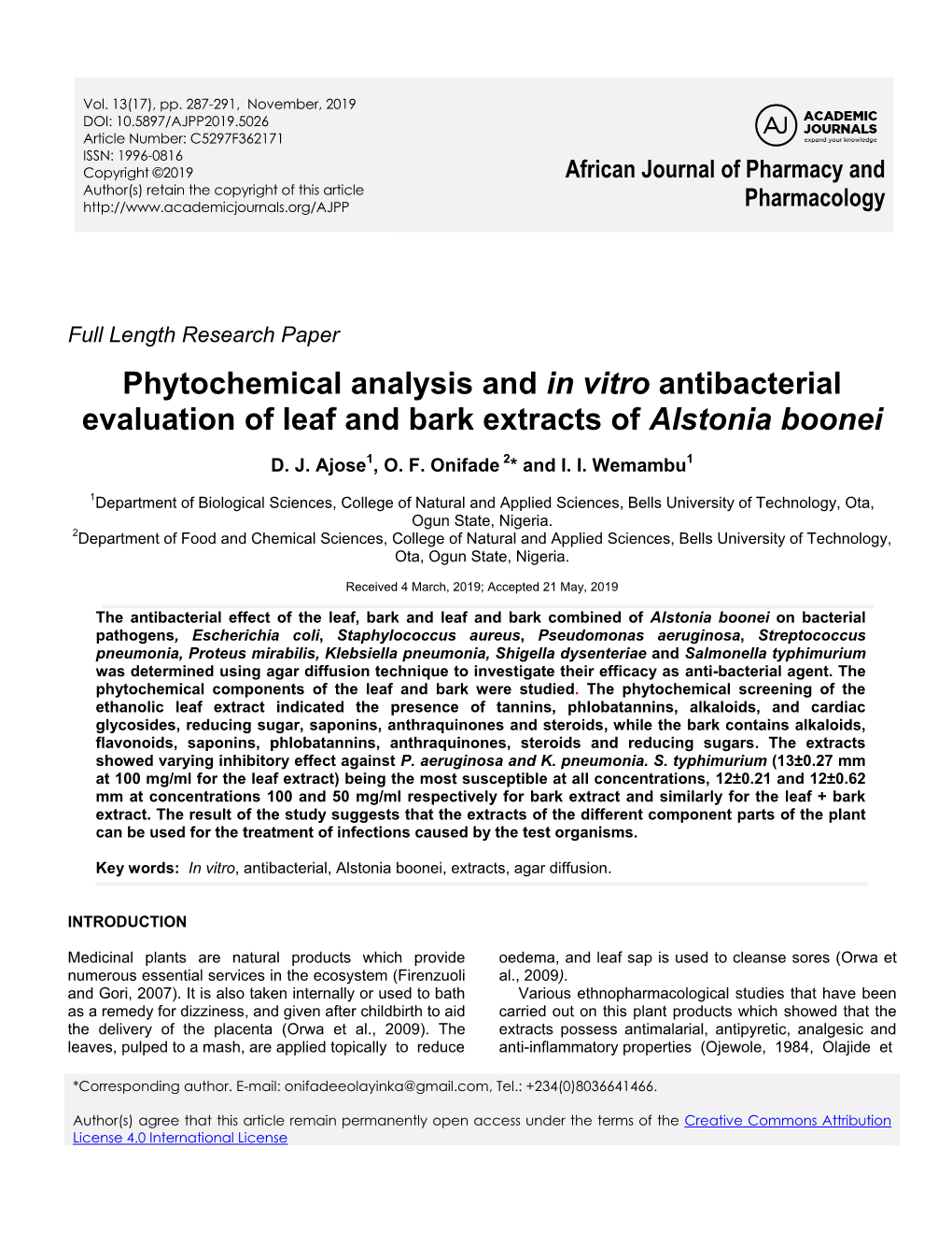 Phytochemical Analysis and in Vitro Antibacterial Evaluation of Leaf and Bark Extracts of Alstonia Boonei