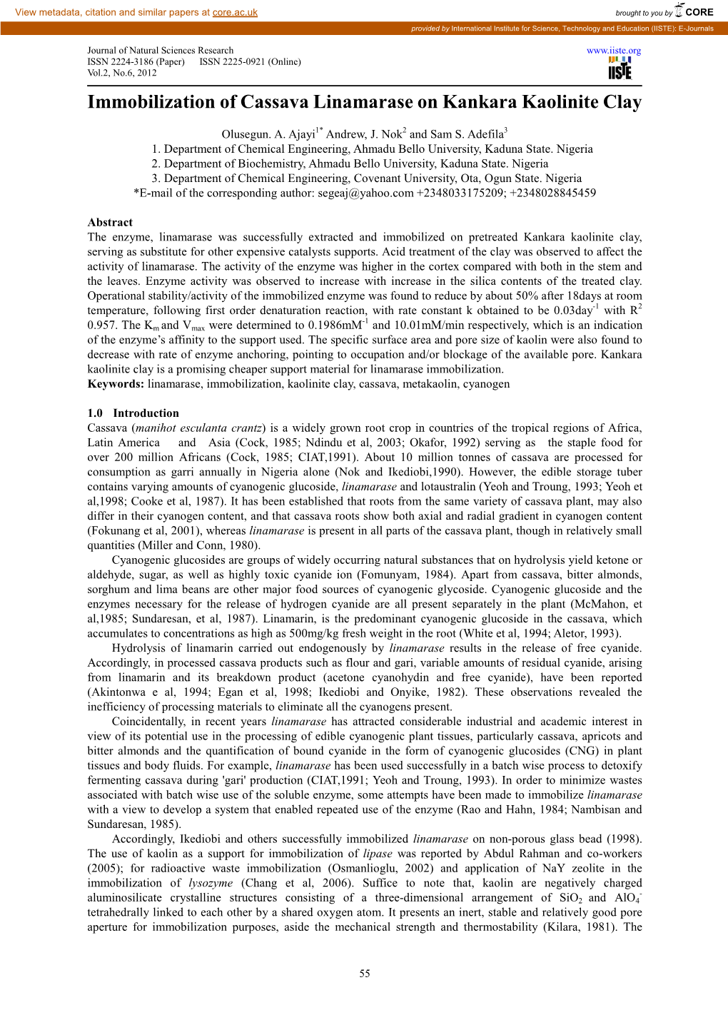 Immobilization of Cassava Linamarase on Kankara Kaolinite Clay