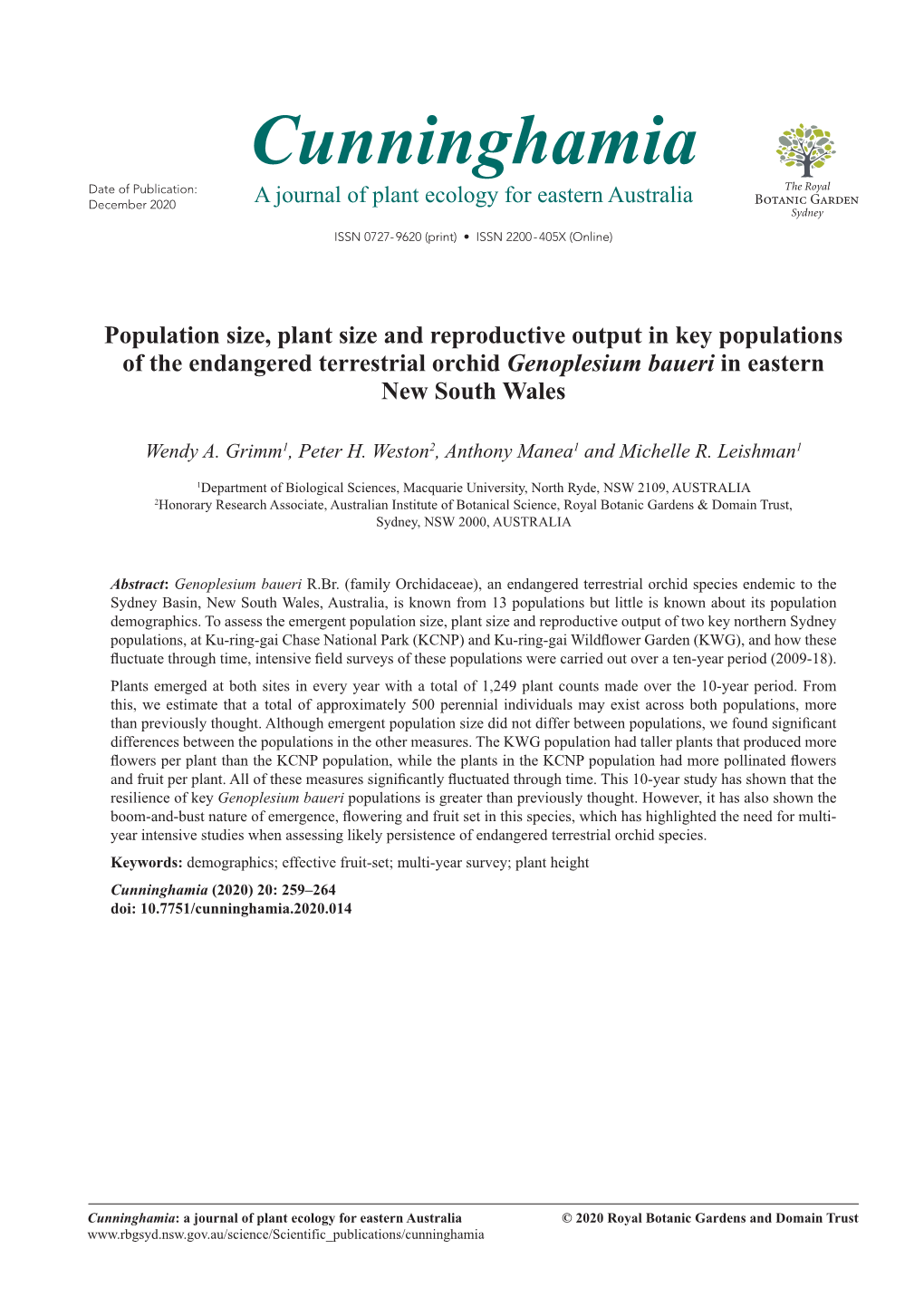 Population Size, Plant Size and Reproductive Output in Key Populations of the Endangered Terrestrial Orchid Genoplesium Baueri in Eastern New South Wales