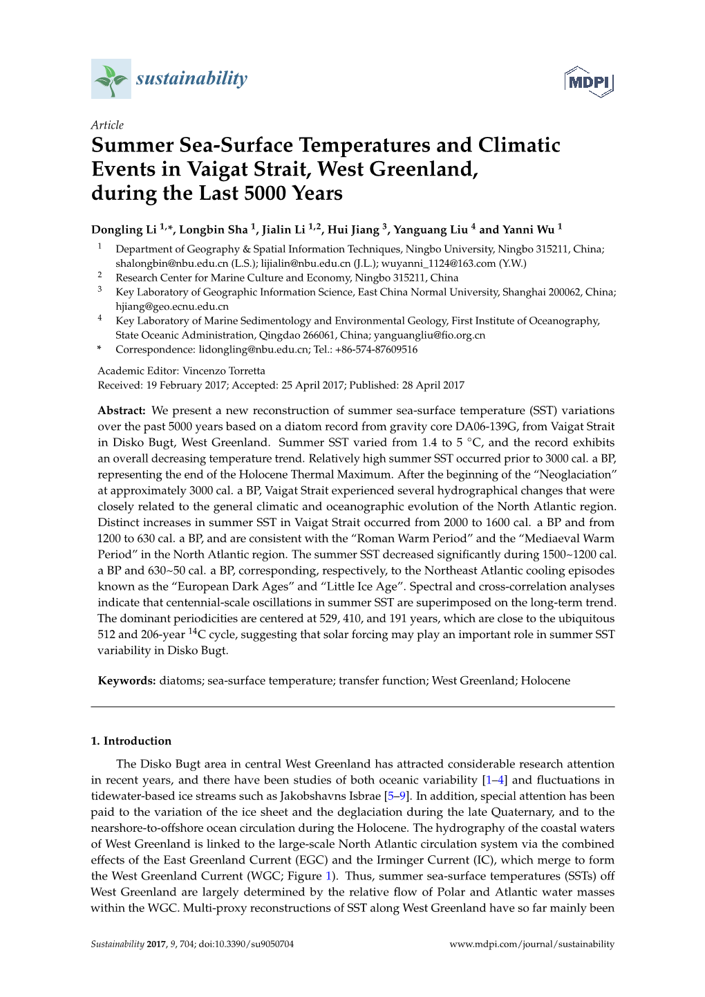 Summer Sea-Surface Temperatures and Climatic Events in Vaigat Strait, West Greenland, During the Last 5000 Years