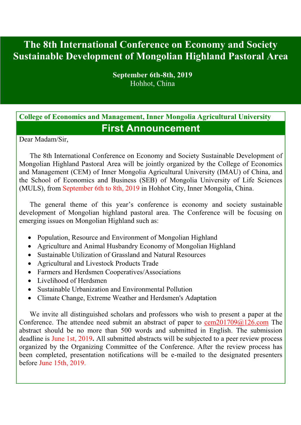 The 8Th International Conference on Economy and Society Sustainable Development of Mongolian Highland Pastoral Area