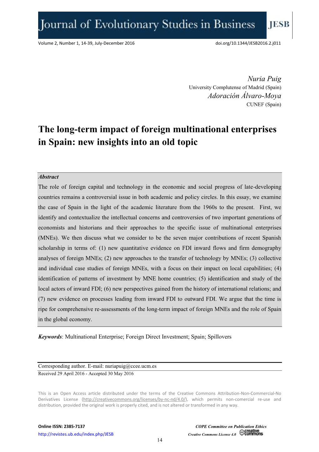 The Long-Term Impact of Foreign Multinational Enterprises in Spain: New Insights Into an Old Topic