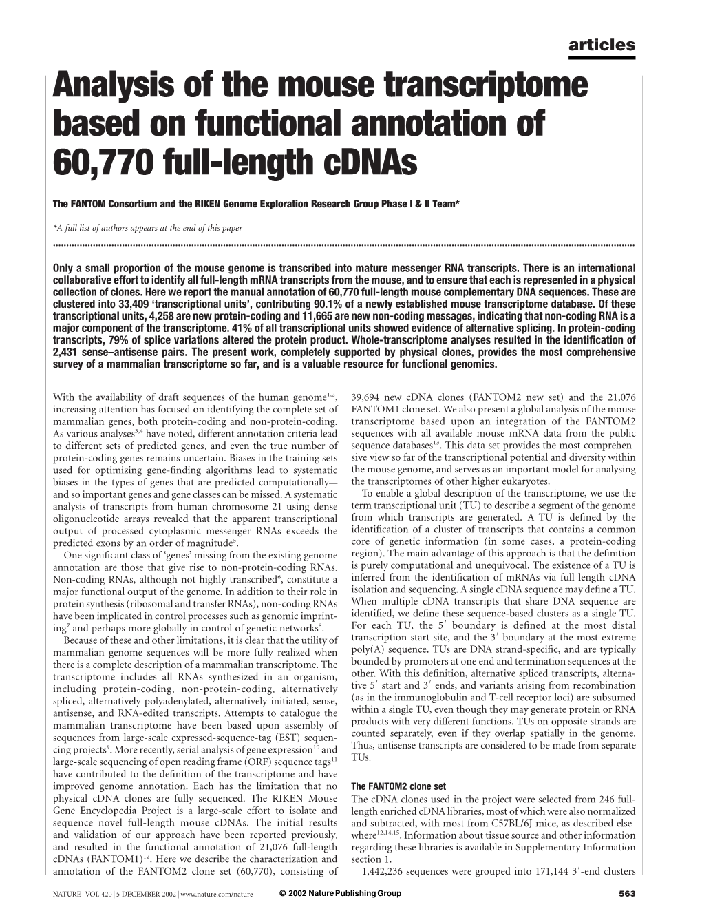 Analysis of the Mouse Transcriptome Based on Functional Annotation of 60,770 Full-Length Cdnas