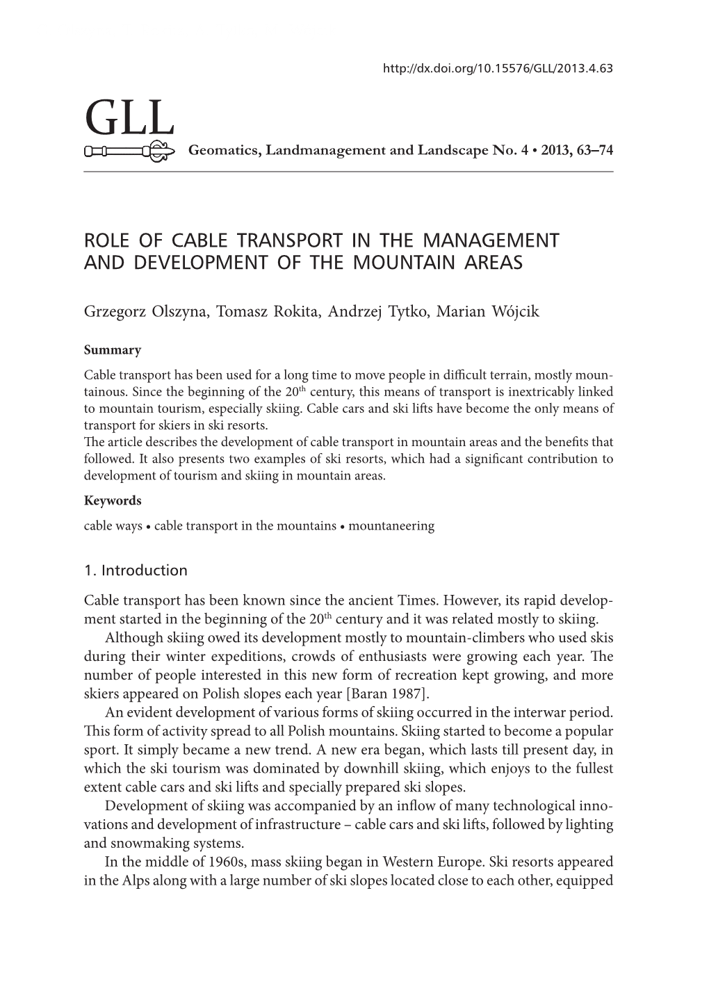 Role of Cable Transport in the Management and Development of the Mountain Areas