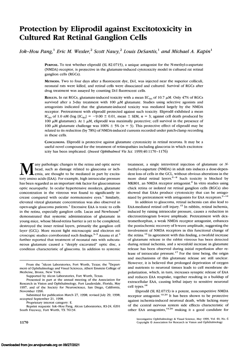 Protection by Eliprodil Against Excitotoxicity in Cultured Rat Retinal Ganglion Cells