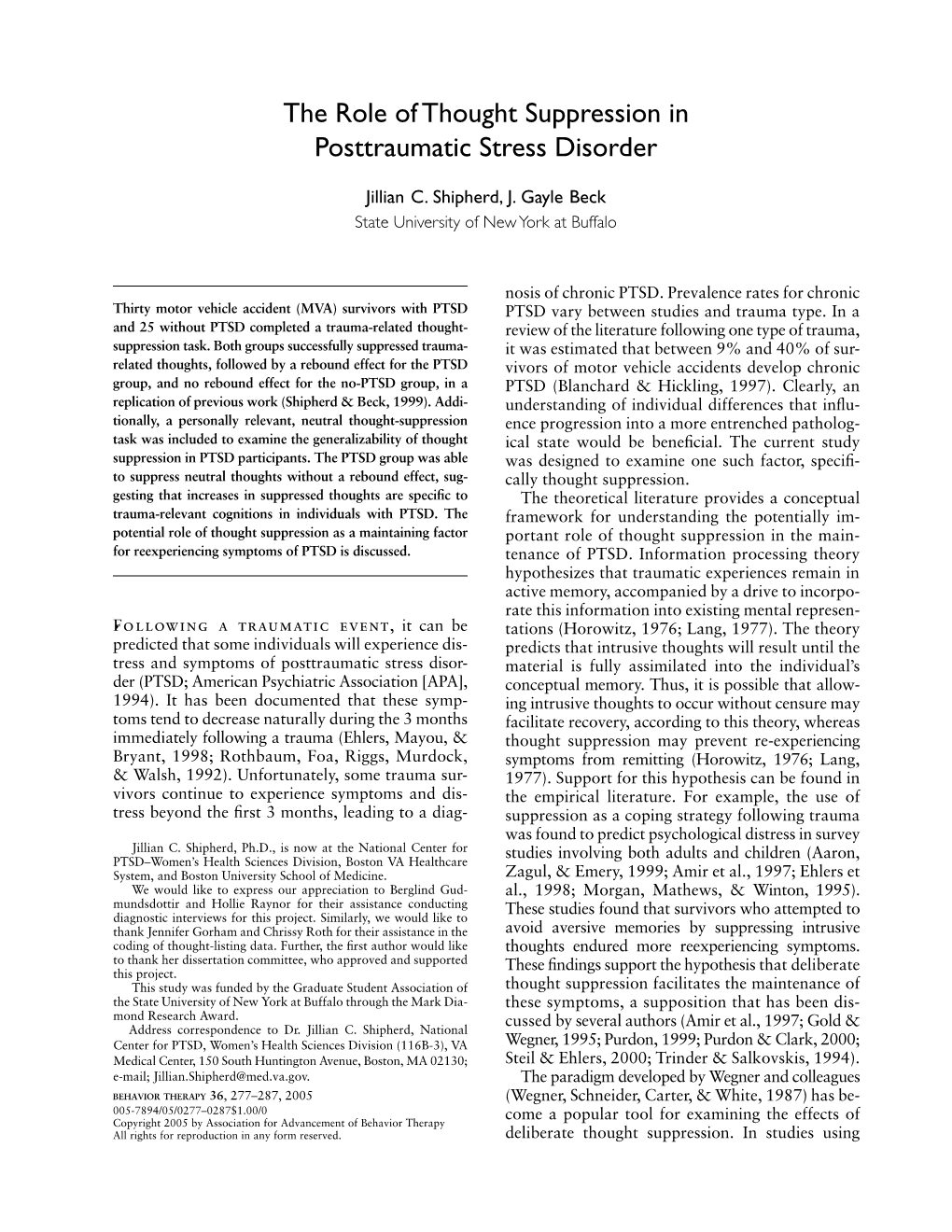 The Role of Thought Suppression in Posttraumatic Stress Disorder