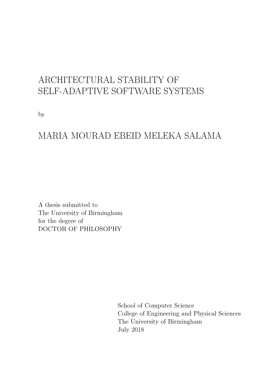 ARCHITECTURAL STABILITY of SELF-ADAPTIVE SOFTWARE SYSTEMS By