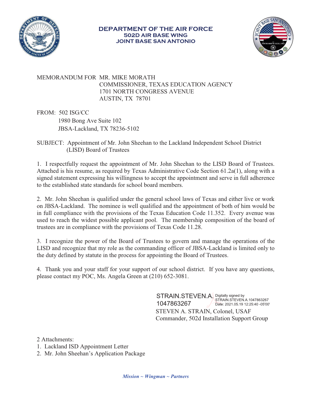 Department of the Air Force Memorandum for Mr. Mike