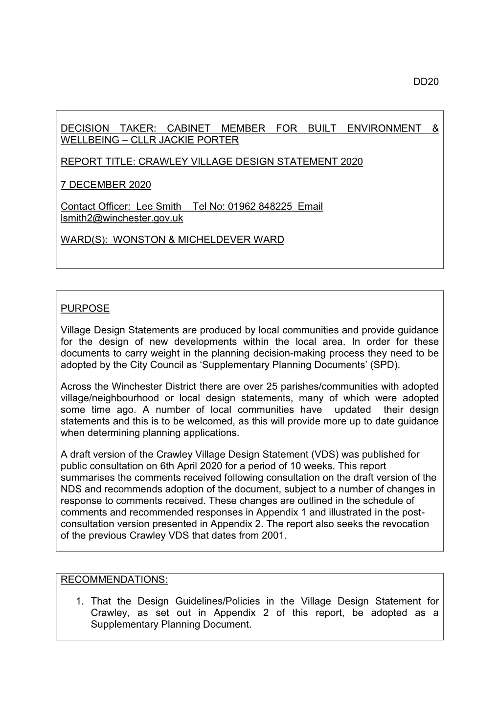 Crawley Village Design Statement 2020 (DD20)